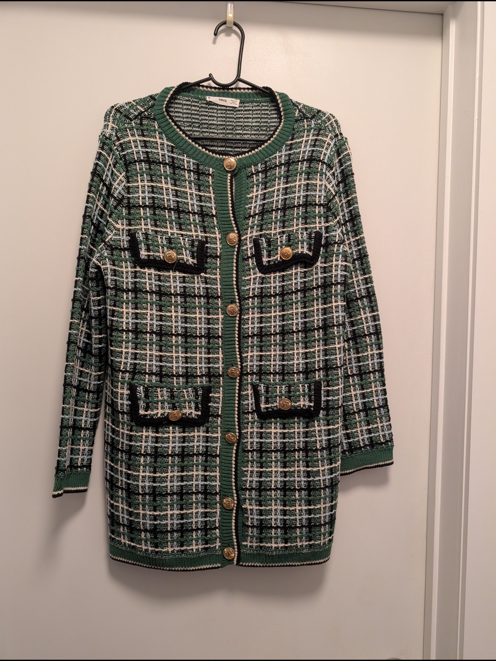 Mango Green Plaid Tweed-Style Cardigan with Gold Buttons